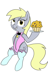 Size: 1000x1600 | Tagged: safe, artist:wafflecakes, derpy hooves, pony, clothes, collar, food, muffin, plate, simple background, sitting, smiling, socks, transparent background