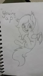 Size: 1080x1920 | Tagged: safe, artist:wafflecakes, oc, oc only, bat pony, pony, fangs, monochrome, open mouth, simple background, smiling, spread wings, traditional art, wings