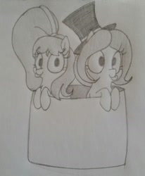 Size: 1280x1557 | Tagged: safe, artist:wafflecakes, oc, oc only, oc:hattsy, pony, basket, hat, monochrome, smiling, tongue out, top hat, traditional art