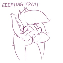 Size: 1280x1280 | Tagged: safe, artist:dsp2003, bat pony, pony, ear fluff, fangs, fruit, monochrome, mouth full, open mouth, simple background