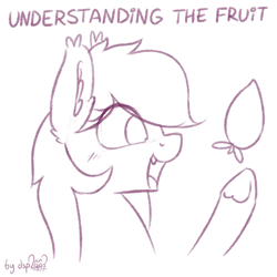 Size: 1280x1280 | Tagged: safe, artist:dsp2003, bat pony, pony, ear fluff, fruit, happy, monochrome, open mouth, simple background, smiling