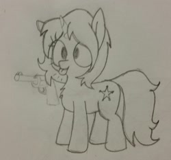 Size: 1280x1191 | Tagged: safe, artist:wafflecakes, oc, oc only, pony, unicorn, chest fluff, gun, monochrome, simple background, smiling, tongue out, traditional art, weapon