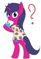 Size: 1280x1833 | Tagged: safe, artist:wafflecakes, oc, oc only, oc:fizzy pop, clothes, drinking, drinking straw, panties, question mark, simple background, soda, solo, transparent background, underwear