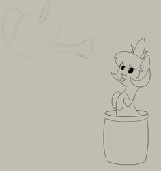 Size: 1280x1354 | Tagged: safe, artist:wafflecakes, oc, oc only, original species, plant pony, pony, food, monochrome, open mouth, plant, pot, potato, simple background, smiling, tongue out, water, watering can