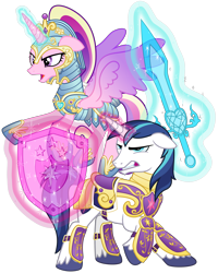 Size: 3200x4000 | Tagged: safe, artist:cheezedoodle96, imported from derpibooru, princess cadance, shining armor, alicorn, pony, unicorn, .svg available, angry, armor, badass, battle couple, battle stance, combat, duo, female, fighting stance, flying, frown, glowing, glowing horn, gritted teeth, high res, horn, husband and wife, magic, magic aura, male, mare, married couple, open mouth, royal guard armor, shield, simple background, spread wings, stallion, svg, sword, teeth, telekinesis, transparent background, vector, war face, weapon, wings