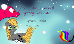 Size: 1024x606 | Tagged: safe, artist:lawleyj77, imported from derpibooru, oc, oc:lightning bliss, oc:the editor, berserk button, black eye, dialogue, glasses, i'm not cute, not derpy, ouch