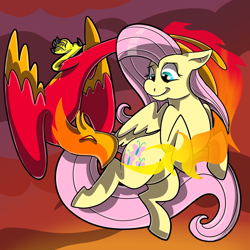 Size: 3000x3000 | Tagged: safe, artist:wulfums, imported from derpibooru, fluttershy, philomena, pegasus, phoenix, pony, abstract background, cute, duo, februpony, fire, flying, shyabetes, smiling, wings