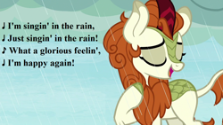 Size: 1280x720 | Tagged: safe, edit, edited screencap, editor:korora, imported from derpibooru, screencap, autumn blaze, kirin, sounds of silence, awwtumn blaze, cute, eyes closed, gene kelly, lyrics, rain, singin' in the rain, song reference, text