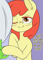 Size: 1066x1491 | Tagged: safe, artist:happy harvey, imported from derpibooru, apple bloom, oc, oc:anon, earth pony, pony, adorabloom, bed, blanket, blushing, bronybait, cute, drawthread, ear fluff, female, filly, foal, holding hands, holding hooves, looking at you, lying down, offscreen character, on side, one eye closed, phone drawing, pillow, ponified, pov