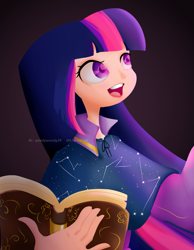 Size: 4277x5500 | Tagged: safe, artist:windywendy29, imported from derpibooru, twilight sparkle, human, absurd resolution, book, cape, cloak, clothes, constellation, cute, female, humanized, open mouth, shirt, solo, twiabetes