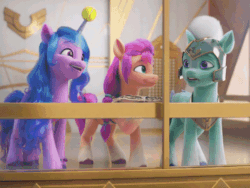 Size: 600x452 | Tagged: safe, imported from derpibooru, screencap, izzy moonbow, sunny starscout, earth pony, pegasus, pony, unicorn, spoiler:my little pony: a new generation, animated, ball, cropped, female, g5, gif, horn, hornball, male, mare, my little pony: a new generation, pegasus royal guard, royal guard, stallion, sunny starscout is not amused, thunder flap, trio, unamused