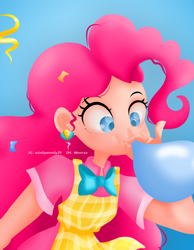 Size: 4277x5500 | Tagged: safe, artist:windywendy29, imported from derpibooru, pinkie pie, human, absurd resolution, apron, balloon, blowing up balloons, blue background, bow, bowtie, clothes, cute, diapinkes, ear piercing, earring, female, humanized, jewelry, piercing, shirt, simple background, skirt, solo, t-shirt