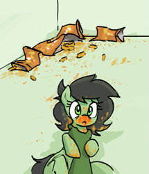 Size: 585x681 | Tagged: safe, artist:plunger, oc, oc only, oc:anon, oc:filly anon, earth pony, human, pony, :<, bad pony, caught, cheeto dust, cheetos, choking, cute, dirty, earth pony oc, female, filly, foal, food, food on face, grabbing, hand, human oc, imminent punishment, looking at you, lying down, male, offscreen character, offscreen human, on back, ponified animal photo, question mark, sad, simple background, this will end in grounding, this will not end well, worried