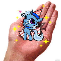 Size: 980x980 | Tagged: safe, artist:.mao, artist:sechst_himmel, imported from derpibooru, trixie, pony, unicorn, 2013, bipedal, cape, clothes, glasses, hand, hat, heart, holding, holding a pony, in goliath's palm, oakatrixie, osaka trixie, pixiv, simple background, size difference, sparkles, standing on two hooves, white background