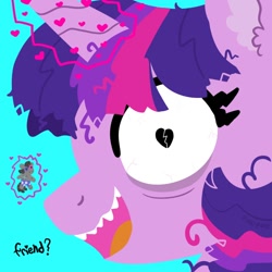 Size: 600x600 | Tagged: safe, artist:pink-pone, imported from derpibooru, smarty pants, twilight sparkle, unicorn, cyan background, glowing, glowing horn, horn, insanity, messy mane, open mouth, simple background, solo, twilight snapple, unicorn twilight