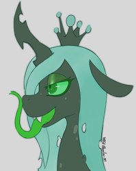 Size: 1710x2149 | Tagged: source needed, safe, artist:wild-thunder06, imported from derpibooru, queen chrysalis, changeling, changeling queen, crown, fangs, female, forked tongue, green tongue, jewelry, long tongue, regalia, slit pupils, solo, tongue out