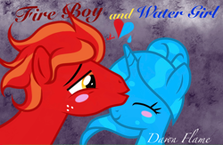 Size: 1242x810 | Tagged: safe, imported from derpibooru, earth pony, pony, unicorn, blushing, crossover, female, fire, fireboy and watergirl, heart, kissing, male, mare, ponified, stallion, straight, water