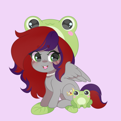 Size: 2000x2000 | Tagged: safe, artist:yomechka, imported from derpibooru, oc, oc only, oc:evening prose, frog, pegasus, pony, female, freckles, frog hat, jewelry, leaf, mare, necklace, pearl necklace, pink background, simple background, solo