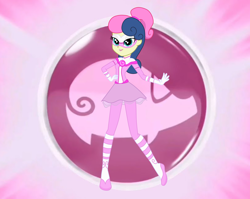 Size: 1884x1500 | Tagged: safe, artist:machakar52, imported from derpibooru, bon bon, sweetie drops, equestria girls, barely eqg related, boots, clothes, cosplay, costume, crossover, female, gloves, hand on hip, looking at you, mask, miraculous ladybug, motorcross, pigella, pink shoes, ponytail, rose lavillant, shoes, solo