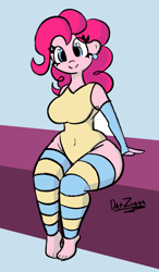 Size: 1791x3072 | Tagged: safe, artist:datzigga, imported from derpibooru, pinkie pie, equestria girls, arm warmers, barefoot, bottom heavy, breasts, busty pinkie pie, clothes, ear piercing, earring, feet, humanized, jewelry, leggings, leotard, piercing, solo, wide hips