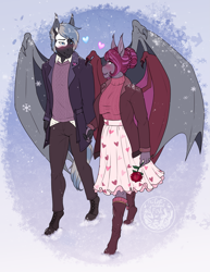 Size: 2463x3191 | Tagged: safe, artist:askbubblelee, imported from derpibooru, oc, oc only, oc:ellis blu, oc:magenta scroll, anthro, bat pony, unguligrade anthro, anthro oc, bat pony oc, blushing, boots, clothes, coat, commission, couple, digital art, dress, duo, fangs, female, flower, hair bun, happy, hearts and hooves day, holding hands, holiday, husband and wife, jacket, jewelry, looking at each other, looking at someone, male, mare, married, married couple, oc x oc, pants, ring, rose, shipping, shoes, slit pupils, smiling, snow, snowfall, stallion, straight, sweater, valentine's day, wedding ring