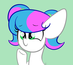 Size: 718x644 | Tagged: safe, artist:sugarcloud12, imported from derpibooru, oc, oc:sugar cloud, pony, alternate hairstyle, bust, female, green background, mare, pigtails, portrait, simple background, solo
