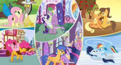 Size: 1024x553 | Tagged: safe, artist:boneswolbach, artist:velveagicsentryyt, imported from derpibooru, applejack, caramel, cheese sandwich, discord, flash sentry, fluttershy, pinkie pie, rainbow dash, rarity, soarin', spike, twilight sparkle, alicorn, draconequus, dragon, earth pony, pegasus, pony, unicorn, the last problem, carajack, cheesepie, discoshy, female, flashlight, gigachad spike, male, mane seven, mane six, mare, older, older spike, older twilight, princess twilight 2.0, shipping, soarindash, sparity, stallion, straight, twilight sparkle (alicorn)