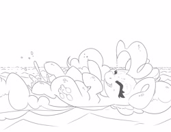 Size: 3300x2550 | Tagged: safe, artist:leadhooves, imported from derpibooru, pinkie pie, earth pony, pony, black and white, eyes closed, female, grayscale, lineart, lying down, mare, monochrome, on back, simple background, solo, swimming, white background