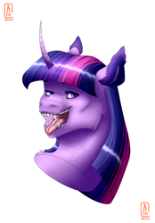 Size: 1812x2596 | Tagged: safe, artist:anelaponela, imported from derpibooru, twilight sparkle, bat pony, bat pony unicorn, hybrid, pony, unicorn, alternate design, cheek fluff, curved horn, ear fluff, fangs, female, horn, looking at you, mare, mawshot, open mouth, redesign, simple background, smiling, smiling at you, teeth, tongue out