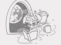 Size: 1024x753 | Tagged: safe, artist:leadhooves, imported from derpibooru, twilight sparkle, pony, unicorn, alternate hairstyle, book, coffee mug, female, glasses, grayscale, levitation, magic, mare, mare in the moon, monochrome, moon, mug, night, reading, solo, telekinesis, unicorn twilight