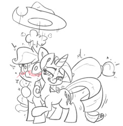 Size: 1024x1055 | Tagged: safe, artist:leadhooves, imported from derpibooru, applejack, rarity, earth pony, pony, unicorn, applejack's hat, black and white, cowboy hat, female, grayscale, hat, hoof around neck, lesbian, lineart, mare, monochrome, partial color, rarijack, shipping, simple background, white background