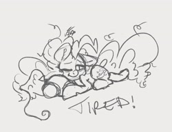 Size: 3300x2550 | Tagged: safe, artist:leadhooves, imported from derpibooru, pinkie pie, earth pony, pony, female, grayscale, lying down, mare, messy mane, monochrome, one eye closed, pillow, prone, sketch, solo