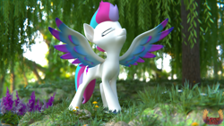 Size: 7680x4320 | Tagged: safe, artist:loveslove, imported from derpibooru, zipp storm, pegasus, pony, 3d, absurd file size, absurd resolution, blurry background, colored wings, dandelion, eyes closed, female, flower, forest, g5, gradient wings, grass, my little pony: a new generation, solo, source filmmaker, spread wings, wings