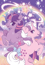 Size: 629x900 | Tagged: safe, artist:celesse, idw, imported from derpibooru, twilight, twilight sparkle, alicorn, pony, unicorn, bow, comic, comic cover, crossover, duo, duo female, female, g1, g4, g4 to g1, generation leap, logo, looking at you, mare, my little pony: generations, open mouth, open smile, rainbow, smiling, smiling at you, stars, tail, tail bow, twilight sparkle (alicorn)