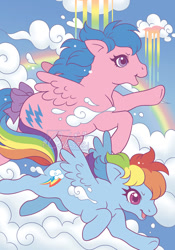 Size: 629x900 | Tagged: safe, artist:celesse, idw, imported from derpibooru, firefly, rainbow dash, pegasus, pony, cloud, cover, duo, female, g1, g4, g4 to g1, generation leap, mare, my little pony: generations, rainbow