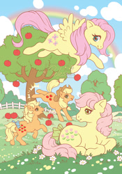 Size: 629x900 | Tagged: safe, artist:celesse, idw, imported from derpibooru, applejack, applejack (g1), fluttershy, posey, earth pony, pegasus, pony, apple, apple tree, cottagecore, cover, duality, fence, flower, g1, g4, g4 to g1, generation leap, generational ponidox, my little pony: generations, rainbow, tree