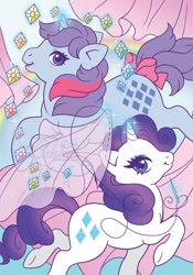 Size: 629x900 | Tagged: safe, artist:celesse, idw, imported from derpibooru, rarity, sparkler (g1), unicorn, bow, comic, g1, g4, g4 to g1, gem, generation leap, my little pony: generations, sewing needle, tail, tail bow, thread