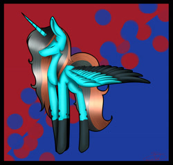 Size: 2502x2396 | Tagged: safe, artist:maneblue, imported from derpibooru, oc, oc only, alicorn, pony, abstract background, alicorn oc, coat markings, colored wings, eyes closed, horn, signature, socks (coat markings), solo, two toned wings, wings