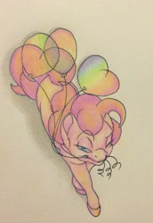 Size: 881x1277 | Tagged: safe, artist:razledazle, imported from derpibooru, pinkie pie, earth pony, pony, balloon, mouth hold, solo, traditional art