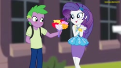 Size: 2048x1152 | Tagged: safe, artist:georgegarza01, imported from derpibooru, rarity, spike, equestria girls, blushing, bouquet of flowers, clothes, cute, female, flower, geode of shielding, human spike, magical geodes, male, raribetes, rarity peplum dress, shipping, shirt, skirt, sparity, spikabetes, straight