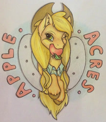 Size: 1229x1414 | Tagged: safe, artist:razledazle, imported from derpibooru, applejack, earth pony, pony, bust, ear fluff, hat, mouth hold, solo, traditional art, unshorn fetlocks