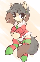 Size: 1655x2538 | Tagged: safe, artist:drawtheuniverse, imported from derpibooru, oc, oc only, oc:osha, earth pony, pony, candy, candy cane, christmas, clothes, female, food, holiday, mare, socks, solo, stockings, striped socks, thigh highs