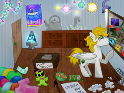 Size: 1600x1200 | Tagged: safe, artist:kaikururu, imported from derpibooru, oc, oc only, pegasus, pony, indoors, lava lamp, male, pegasus oc, plushie, raised hoof, solo, stallion