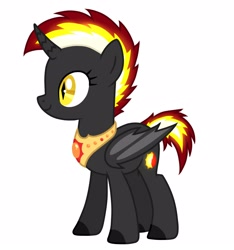 Size: 1500x1600 | Tagged: safe, artist:inarimayer, imported from derpibooru, oc, oc only, alicorn, bat pony, bat pony alicorn, pony, bat pony oc, bat wings, colored hooves, eyelashes, folded wings, full body, hooves, horn, mane of fire, peytral, show accurate, simple background, slit pupils, smiling, solo, standing, white background, wings