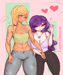 Size: 2024x2429 | Tagged: safe, artist:lapindanseur, imported from derpibooru, applejack, rarity, equestria girls, abs, blushing, breasts, busty rarity, cleavage, female, heart, high res, holding hands, lesbian, rarijack, selfie, shipping