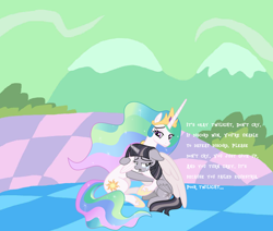 Size: 1708x1448 | Tagged: safe, alternate version, anonymous artist, artist:cheezedoodle96, artist:wardex101, edit, imported from derpibooru, princess celestia, twilight sparkle, alicorn, pony, horse play, the return of harmony, affection, alternate ending, bad end, chaos, comforting, comforting twilight, crying, depressed, discorded, discorded landscape, discorded twilight, duo, female, floppy ears, green sky, hug, mare, momlestia, momlestia fuel, motherly, reconciliation, remorse, sad, scene interpretation, simple background, sitting, sorrow, text, twilight sparkle (alicorn), twilight tragedy, winghug, wings