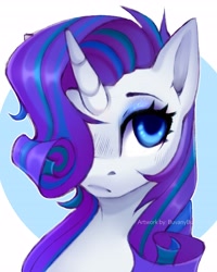 Size: 3276x4096 | Tagged: safe, artist:buvanybu, imported from derpibooru, rarity, pony, unicorn, alternate hairstyle, female, frown, hair over one eye, looking at you, mare, solo