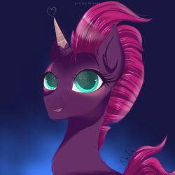 Size: 1280x1280 | Tagged: safe, artist:nnaly, imported from derpibooru, fizzlepop berrytwist, tempest shadow, pony, unicorn, blue background, gradient background, horn, scar, simple background, smiling, solo, starry eyes, tempest gets her horn back, wingding eyes