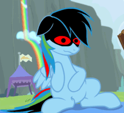 Size: 789x720 | Tagged: safe, edit, edited screencap, imported from derpibooru, screencap, rainbow dash, pegasus, pony, rainbow falls, .exe, 1000 hours in ms paint, animated, belly, bellyrubs, black pupils, come here, creepy, fanart, female, gif, looking at you, nightmare fuel, rainbow.exe, red sclera, reformed, smoldless.exe, solo
