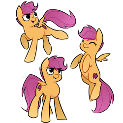 Size: 2687x2688 | Tagged: safe, artist:pointdelta, imported from derpibooru, scootaloo, pegasus, pony, ^^, cute, cutealoo, eyebrows, eyebrows visible through hair, eyes closed, female, filly, flying, foal, grin, high res, hooves, looking back, open mouth, open smile, raised eyebrow, scootaloo can fly, signature, simple background, small wings, smiling, solo, spread wings, standing, white background, wings